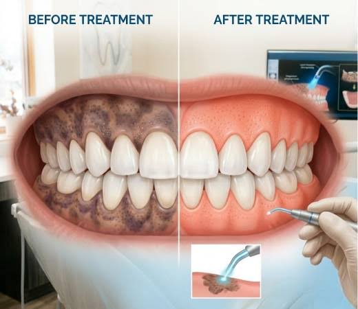 Illustration comparing dark pigmented gums on the left with lighter pink gums on the right after laser treatment