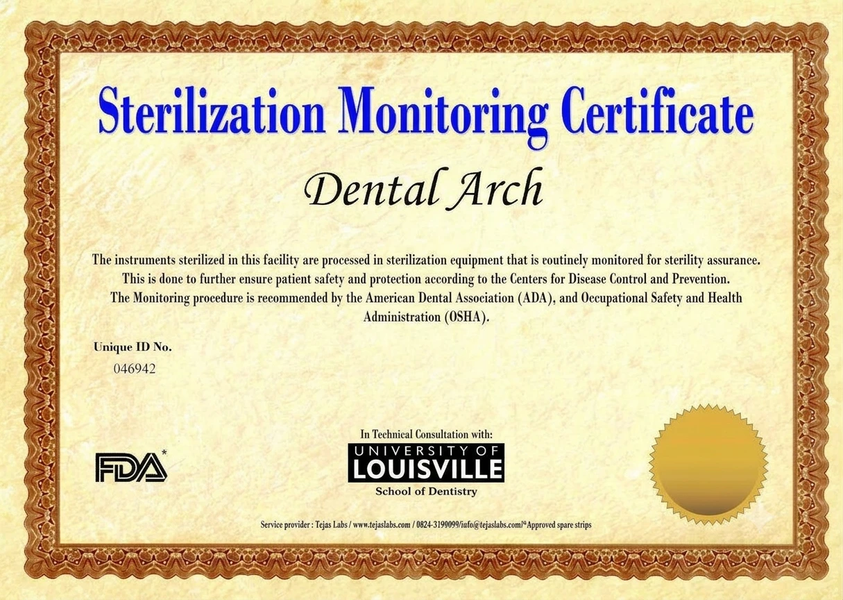 Sterilization Monitoring Certificate issued to Dental Arch, ID 046942